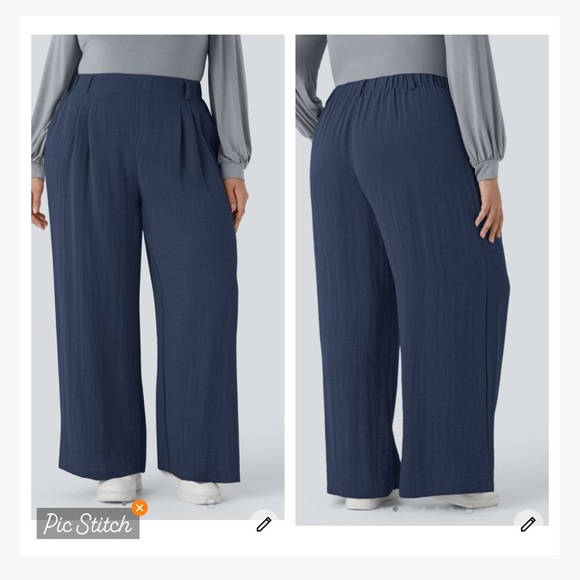 Halara High Waist Side Pocket Wide Leg Linen Feel Pants Blue - Picture 1 of 11